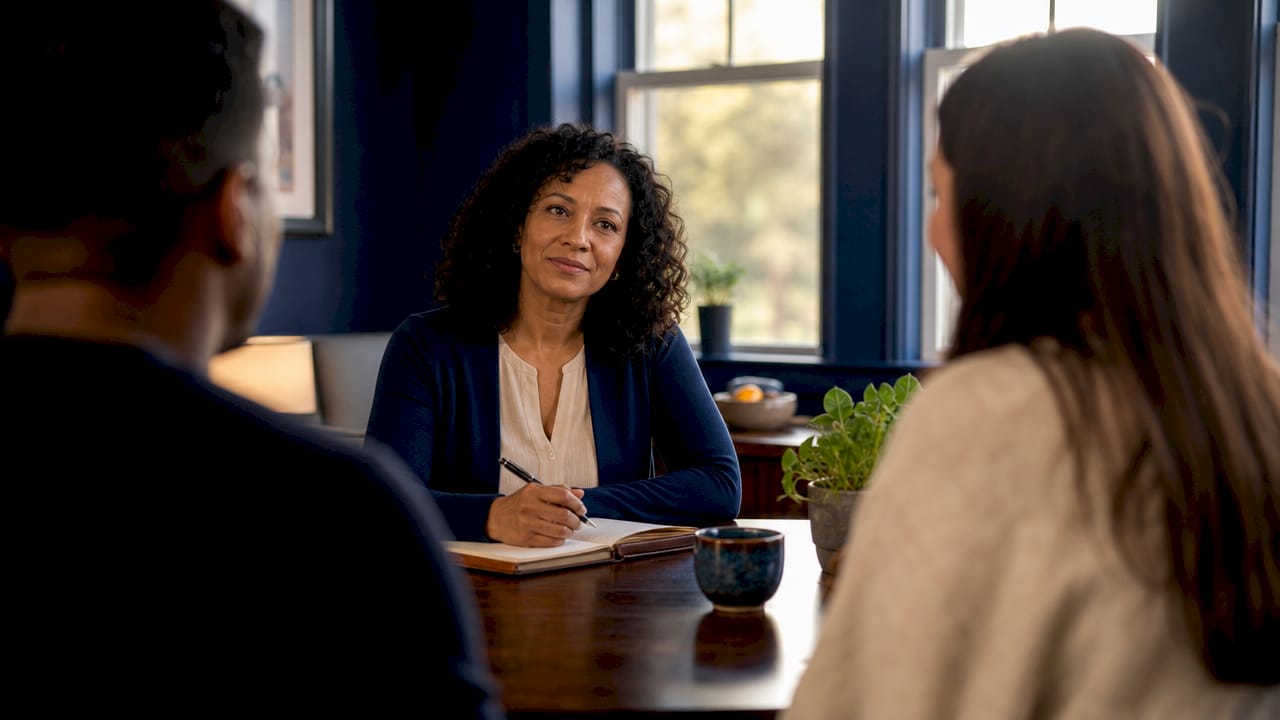 Female therapist at desk in bright office, listening attentively