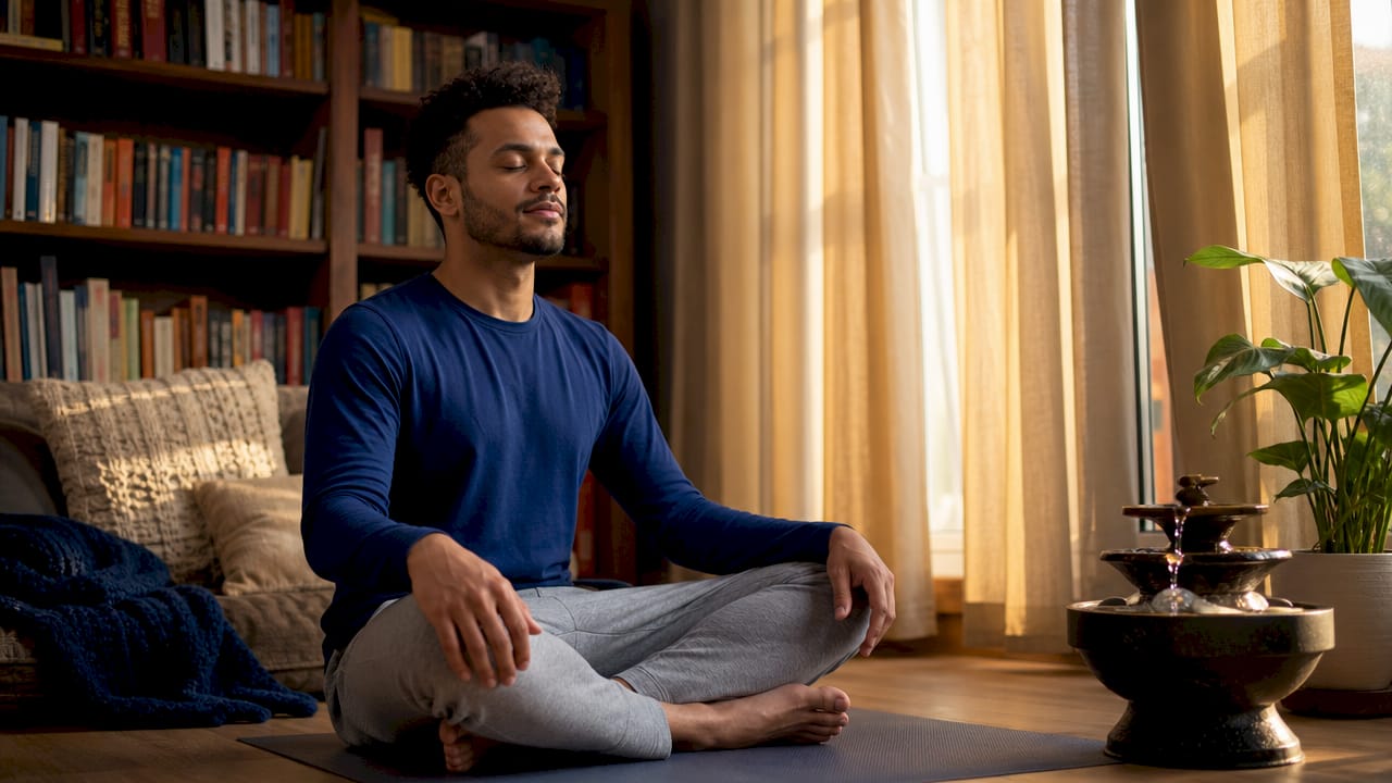 Mixed-race man meditating indoors at home in morning light