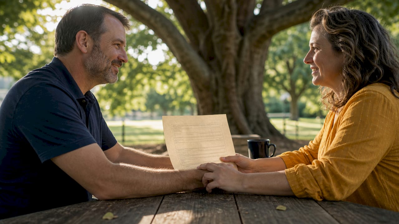Close-up hands holding communication agreement document