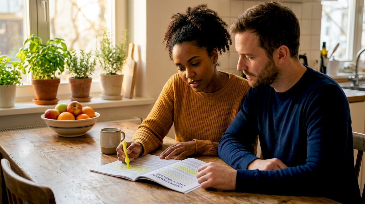 Mixed couple studying anger management workbook together