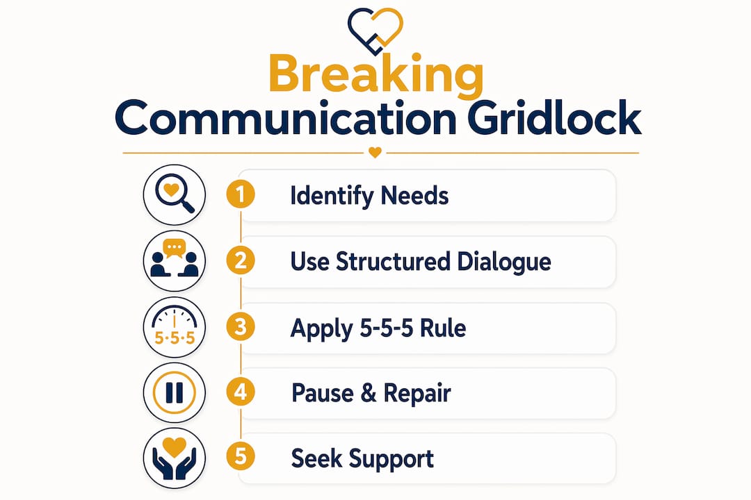 Infographic illustrating steps to break communication gridlock in marriage