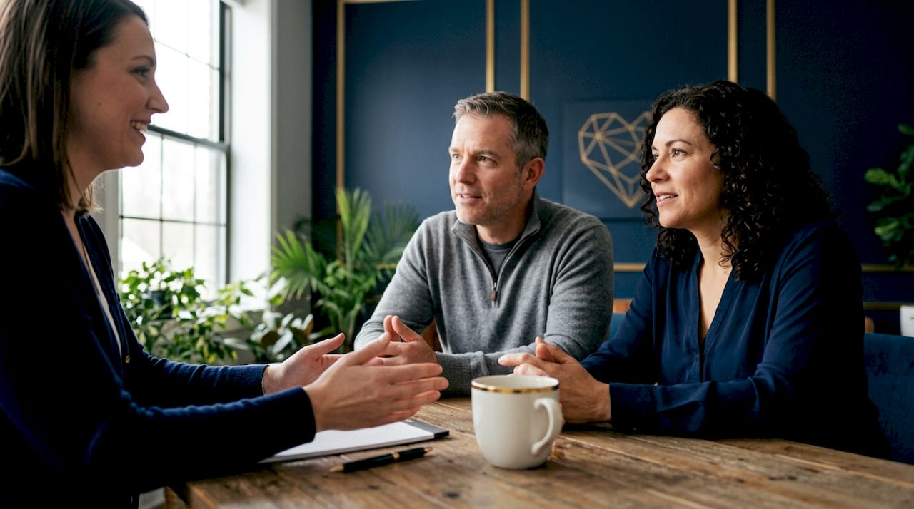 Therapist and couple in engaged counseling session