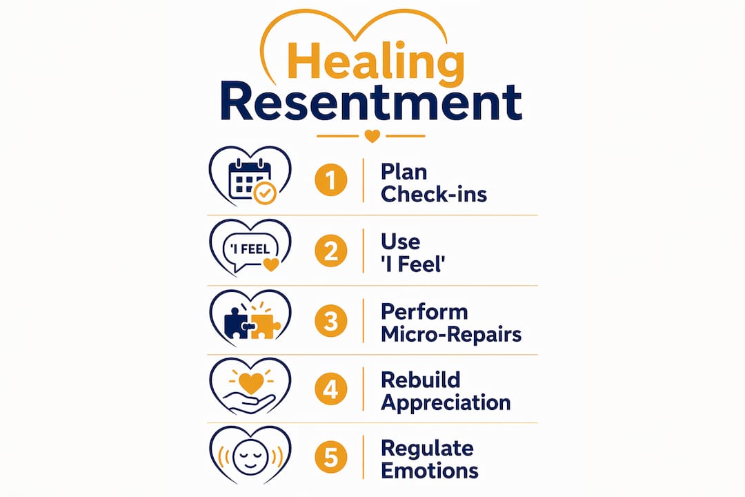 Infographic illustrating steps to heal resentment