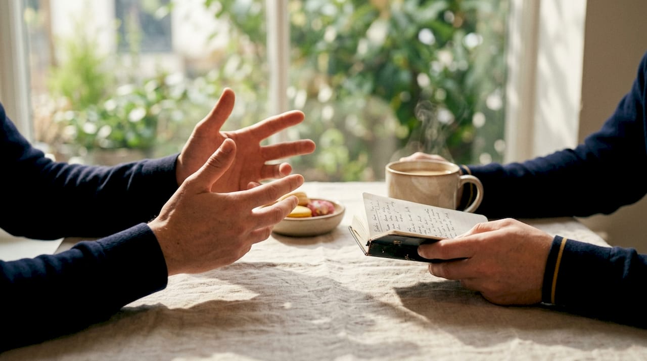 Hands discussing communication cards on desk
