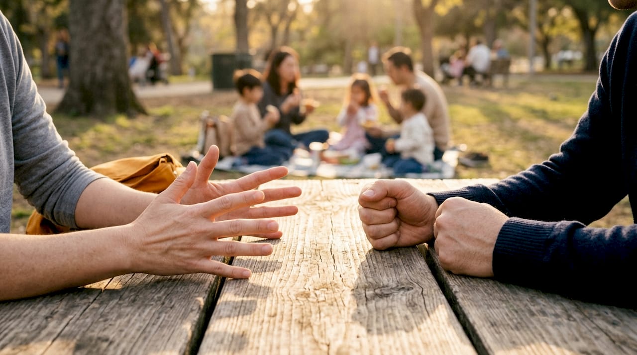 Close-up of hands showing tension and connection