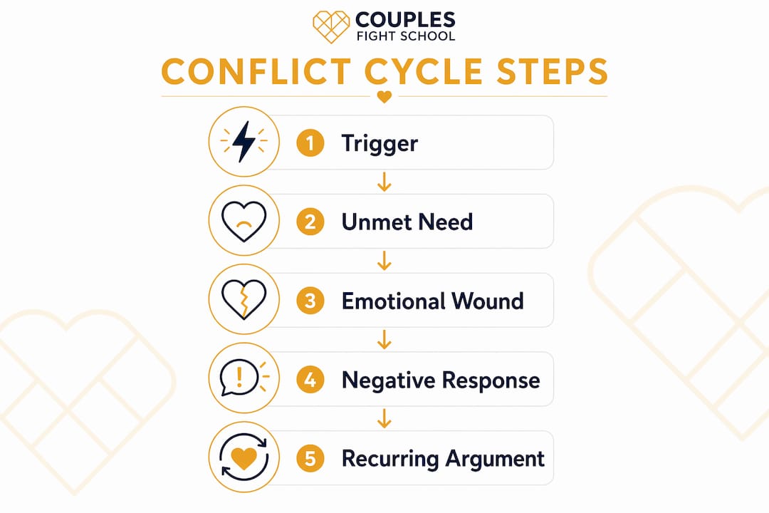 Infographic illustrating stages of repeating conflict cycles