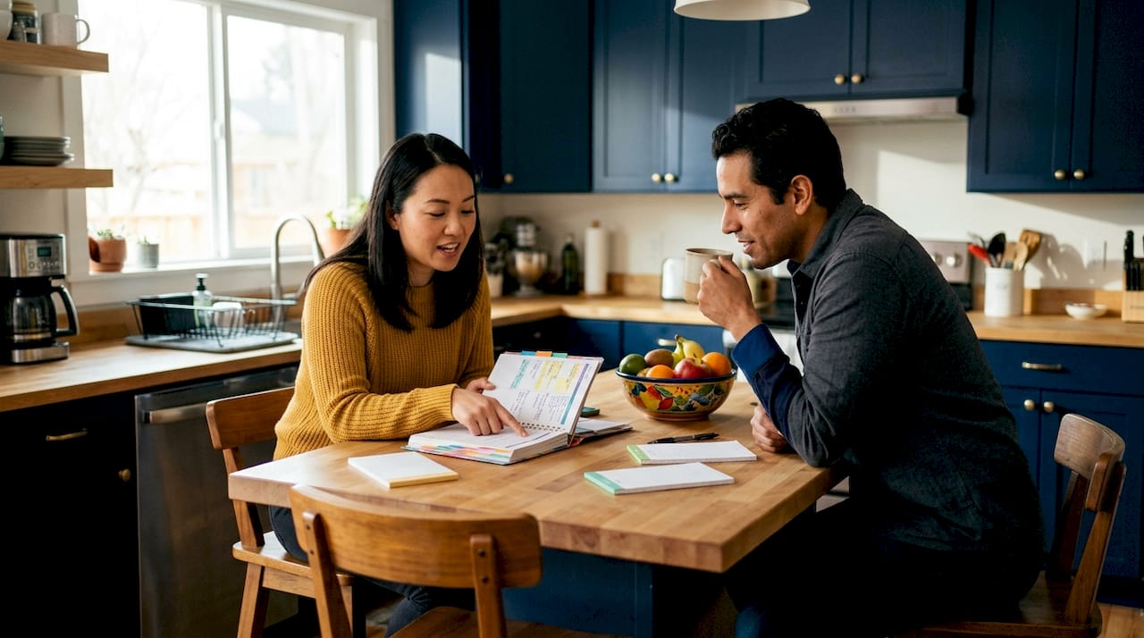 Mixed couple calmly discussing household responsibilities at home