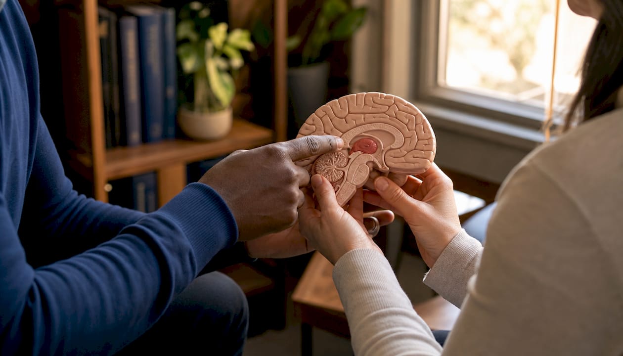Hands holding brain model demonstrating regulation