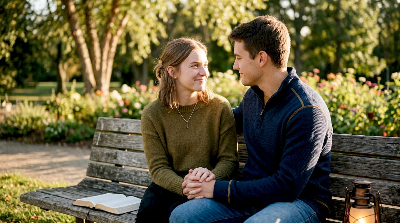 Couple holding hands during faith counseling session