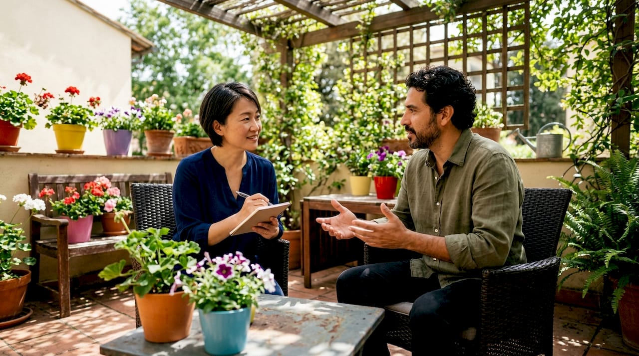 Mixed couple practicing communication at home