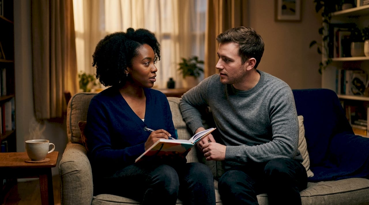 Mixed couple having forgiveness conversation at table