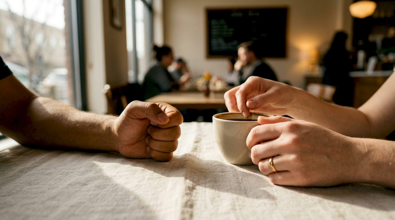 Close-up of anxious hands on table
