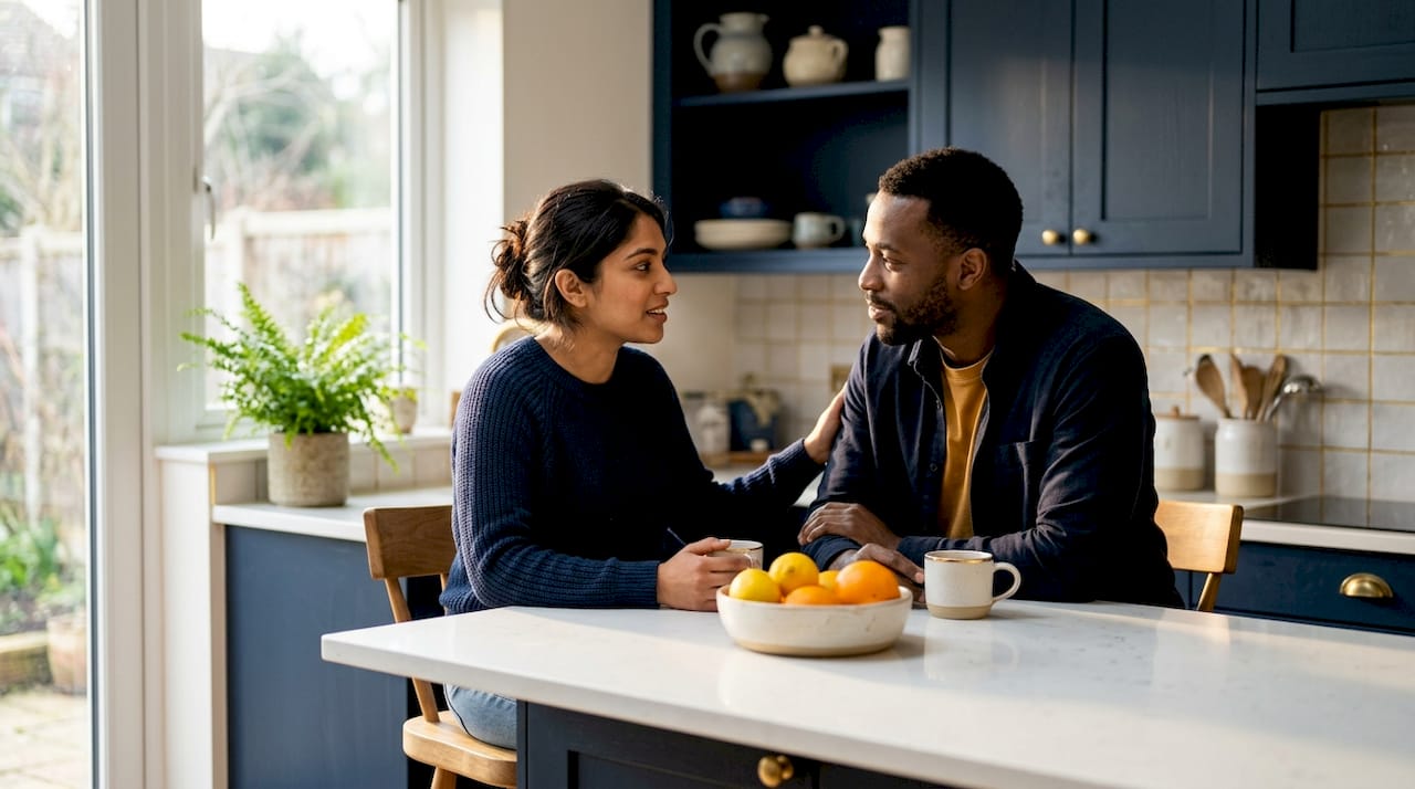 Couple using softened startup technique on couch