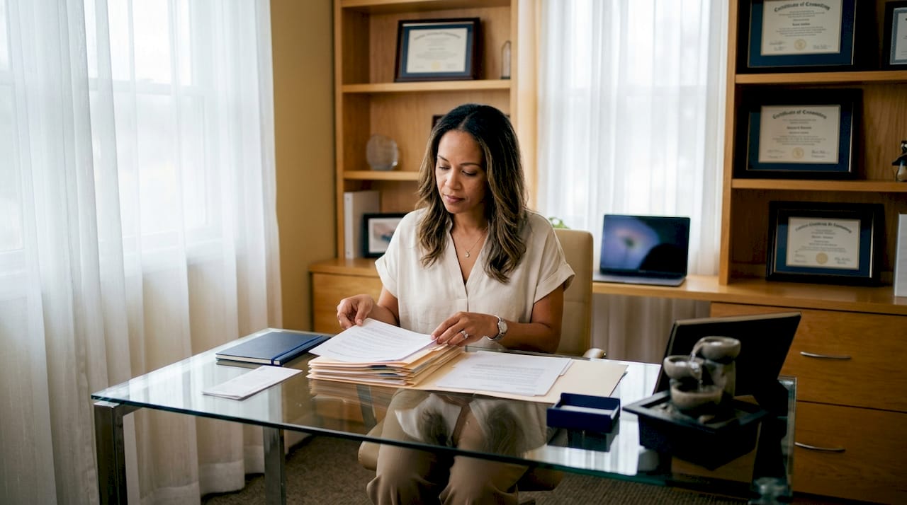 Mixed-ethnicity therapist organizing client folders