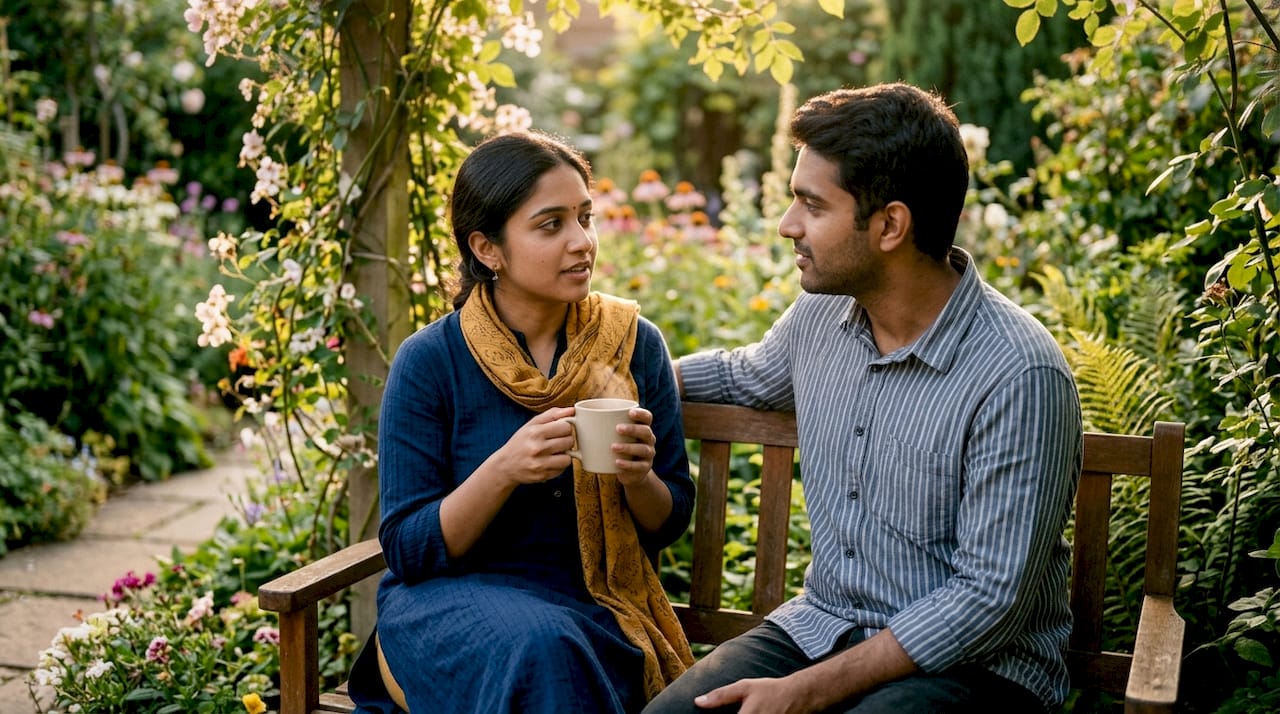 Couple engaged in evening kitchen check-in ritual