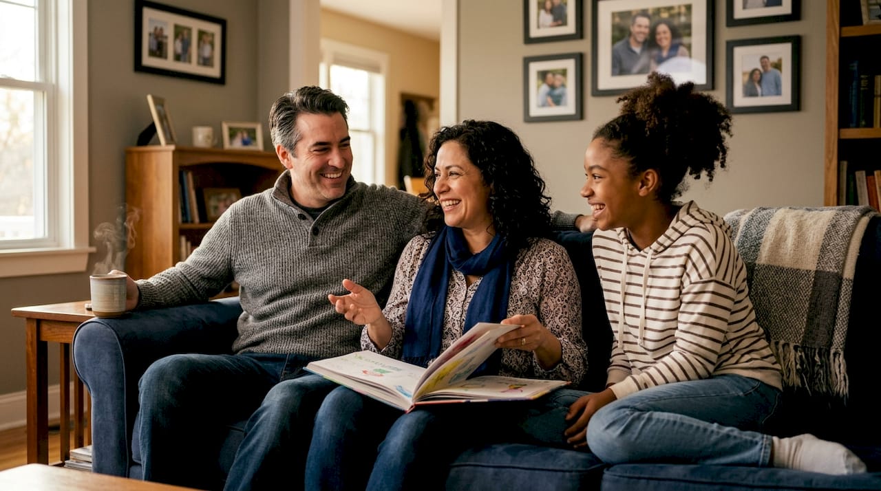 Mixed couple supporting teen emotional health at kitchen table