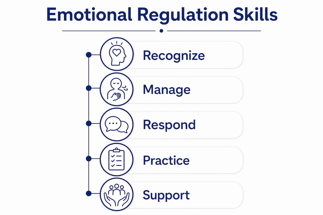 Infographic illustrating emotional regulation skill steps for teens