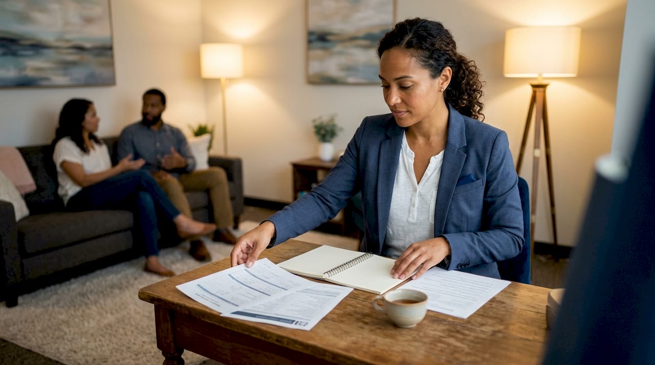Mixed ethnicity therapist preparing in office