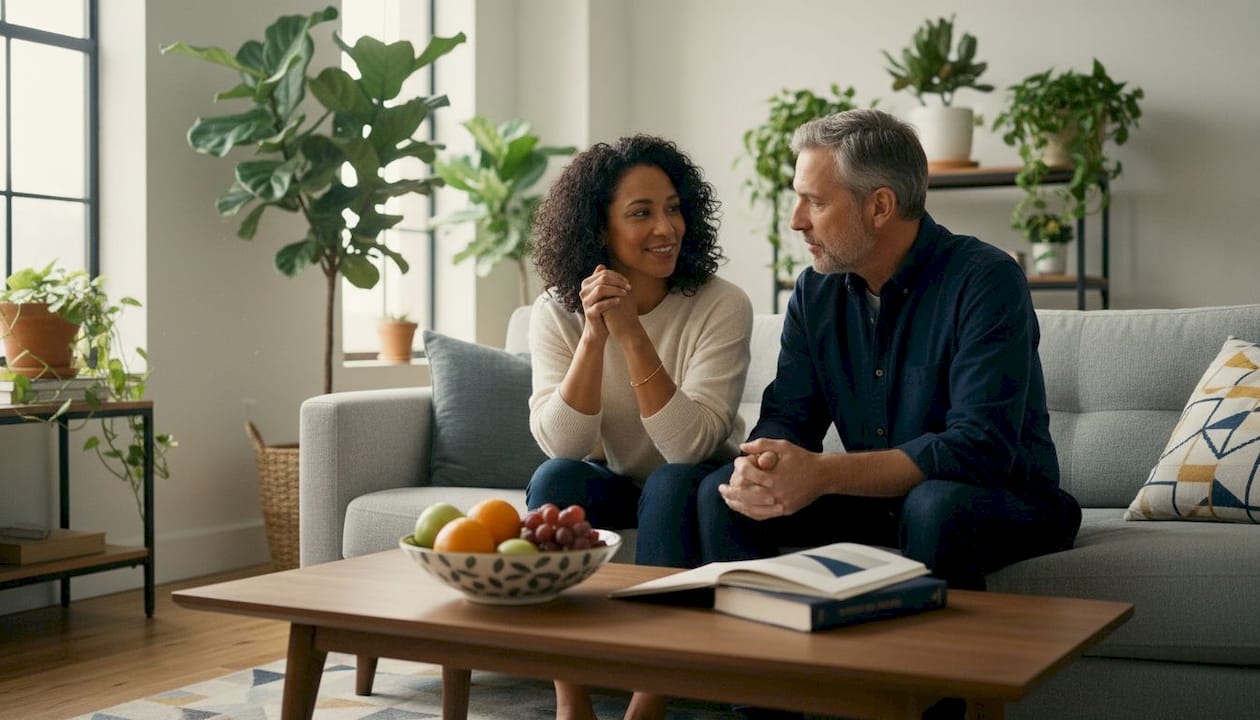 Couple thoughtfully discussing relationship