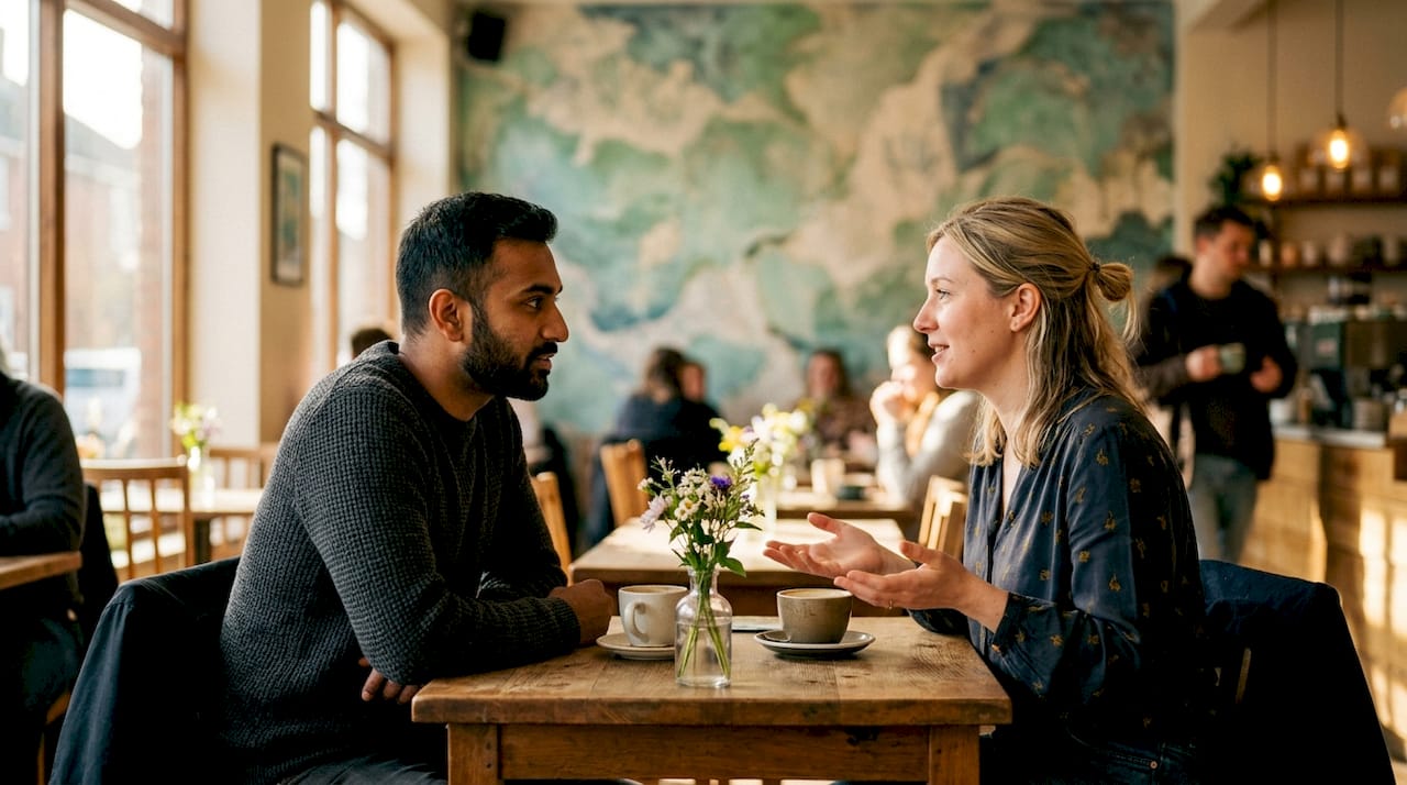 Mixed couple communicating in counseling office