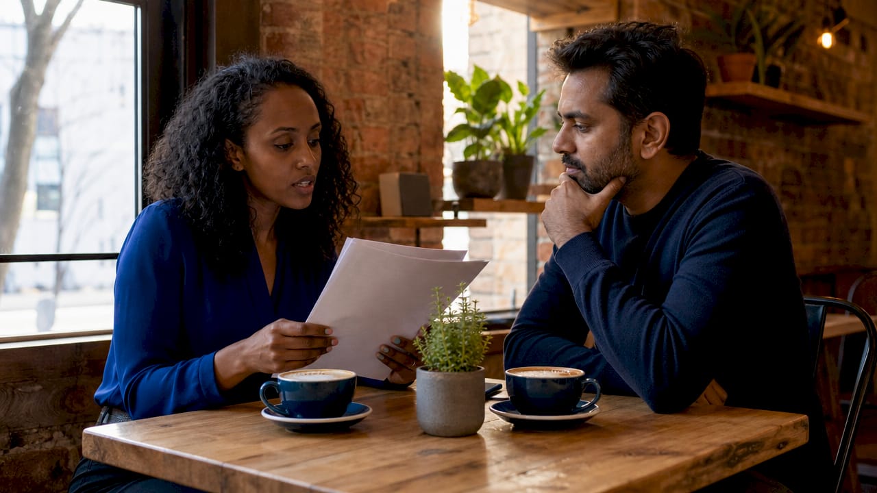 Mixed couple discussing cross-cultural negotiation outdoors