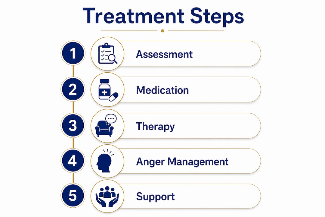 Infographic showing steps for anger disorder treatment