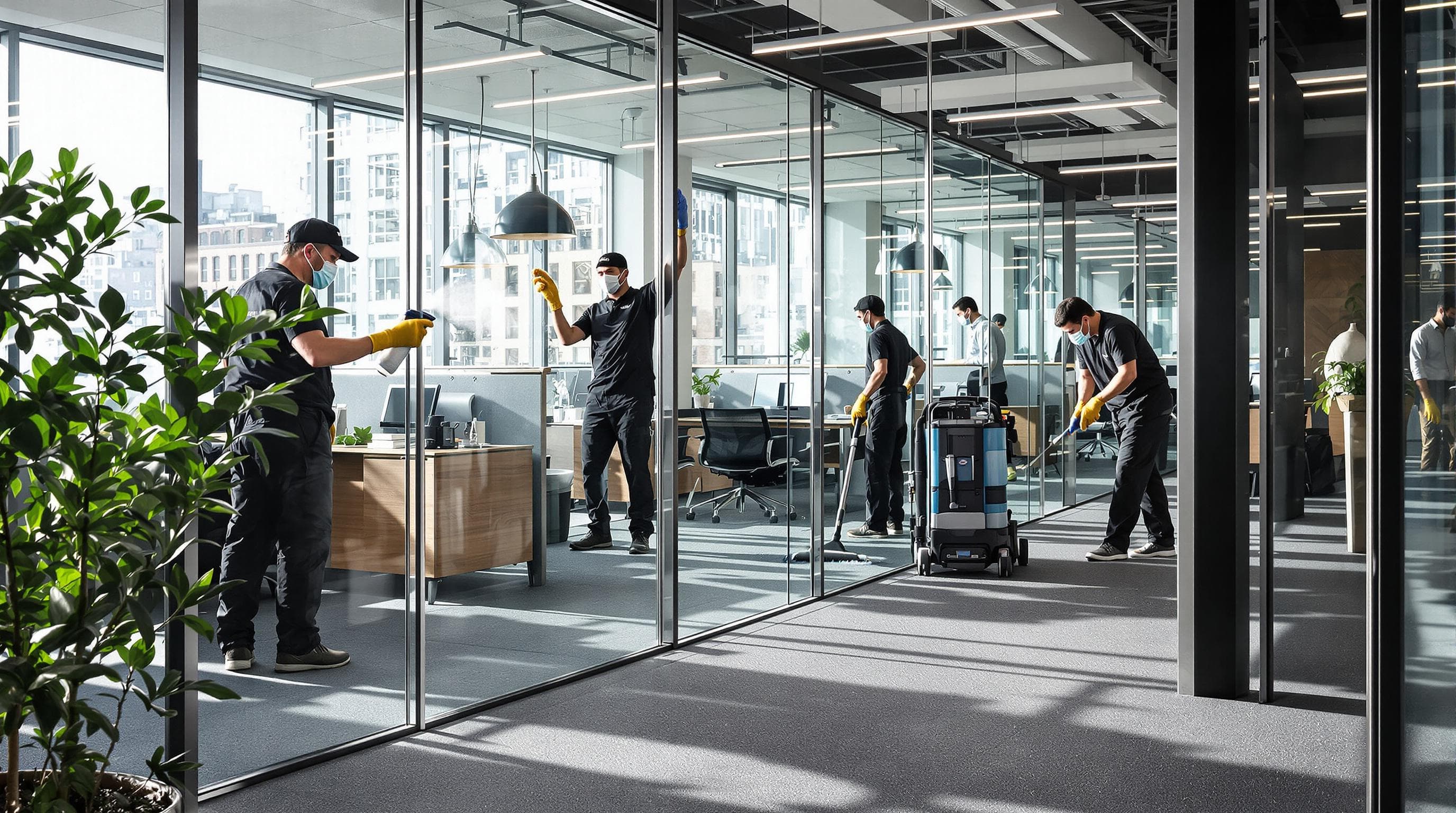 Commercial cleaning crew working in modern Montreal office environment