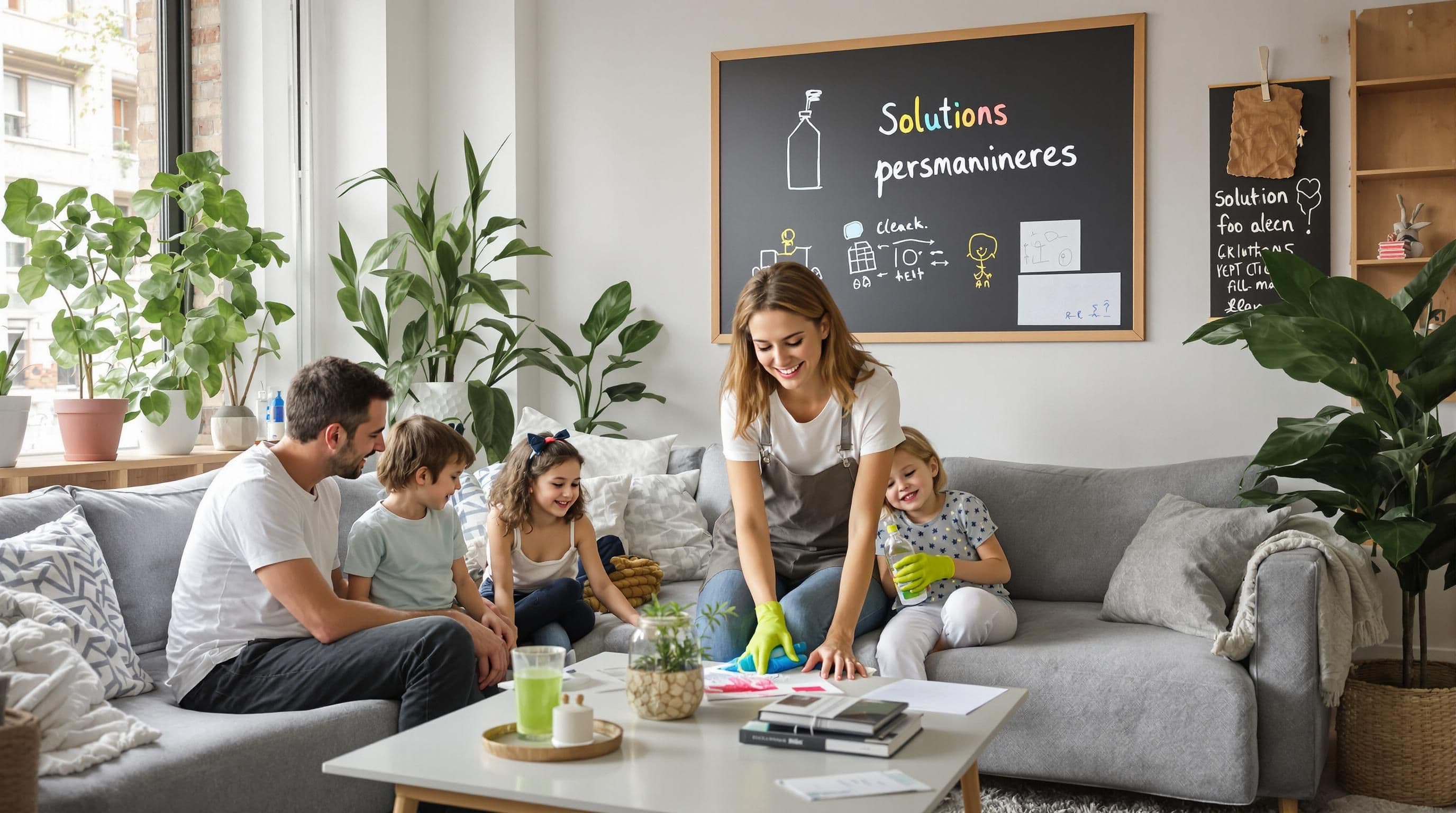 Family relaxes as eco-friendly cleaner works with 'Solutions personnalisées' chalkboard