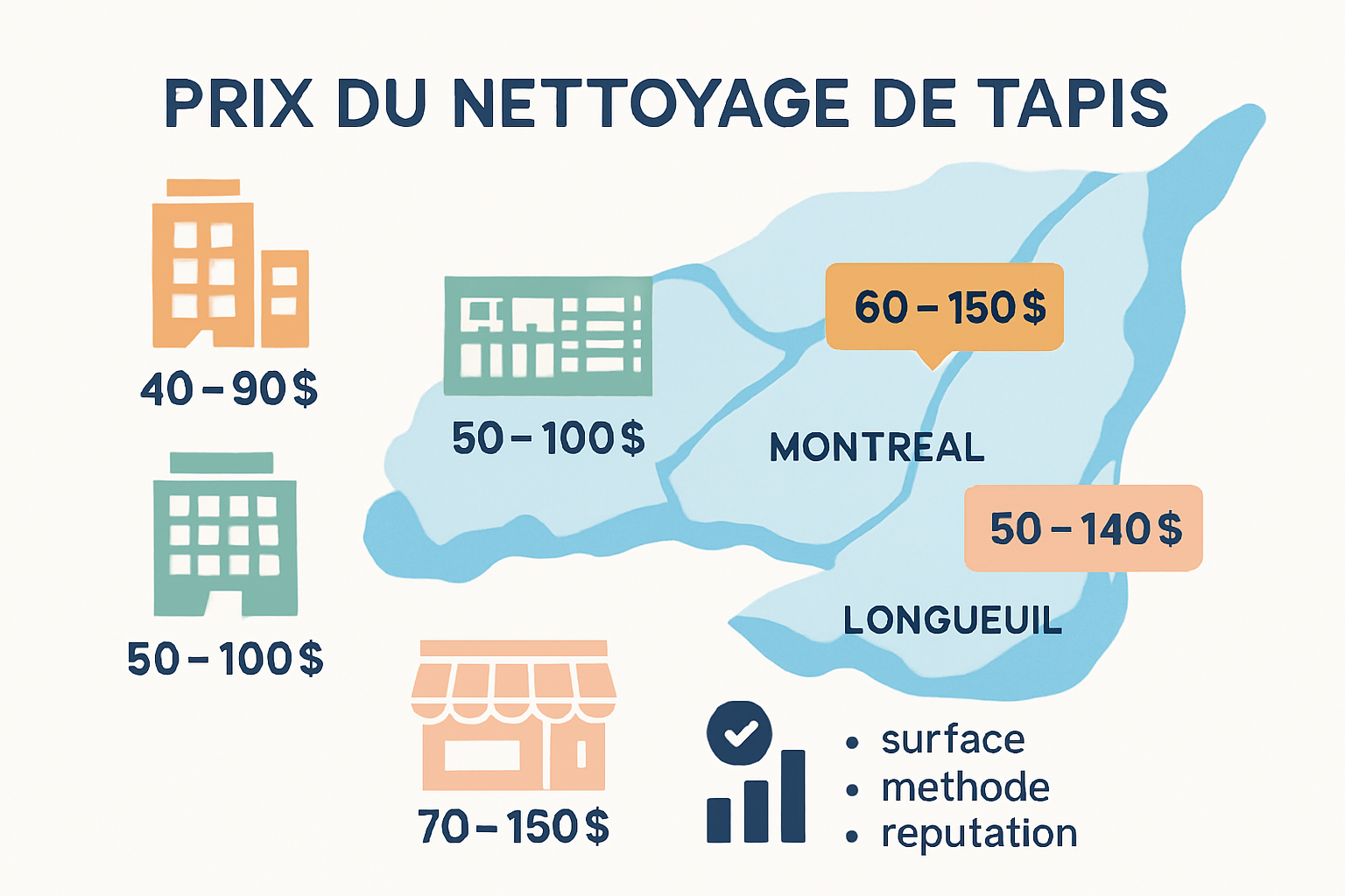 Infographic comparing average professional carpet cleaning prices in Montréal, Laval, and Longueuil.