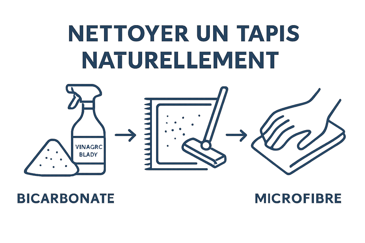 Three-step natural rug cleaning icons: sprinkle, vacuum, blot.