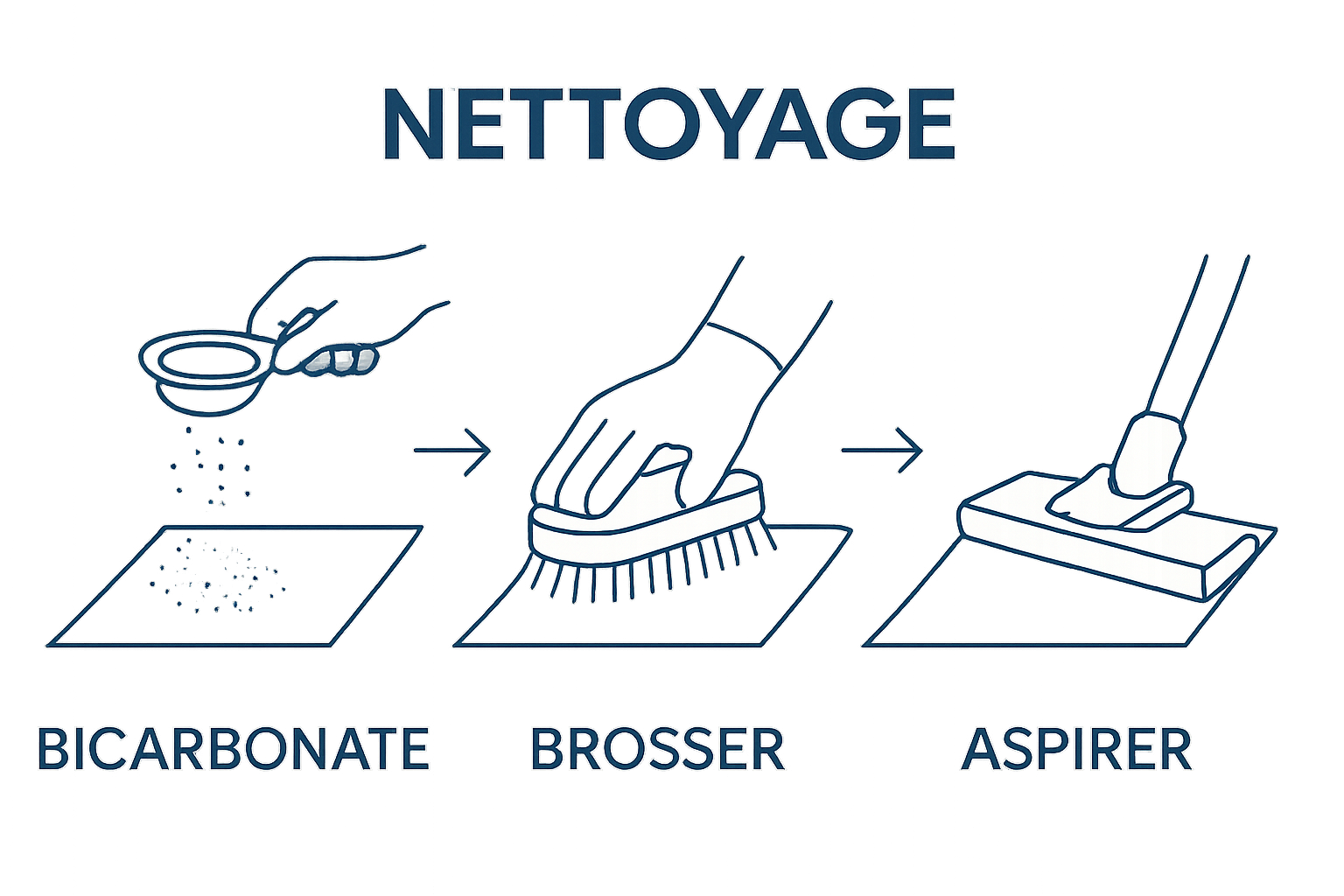 Three-step visual: sprinkle, brush, and vacuum carpet cleaning process