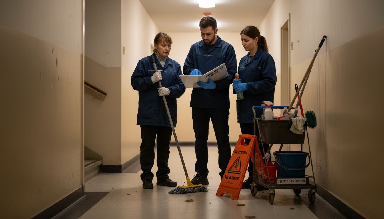 Le personnel d’entretien participe à une formation pratique dans les couloirs.