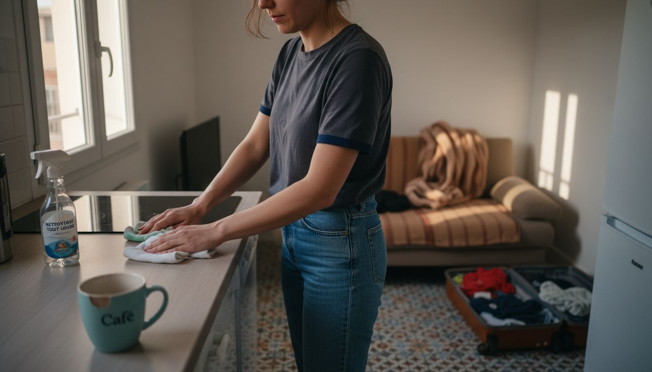Une personne est en train de faire le ménage dans la cuisine d’un appartement loué sur Airbnb, en nettoyant soigneusement le plan de travail.