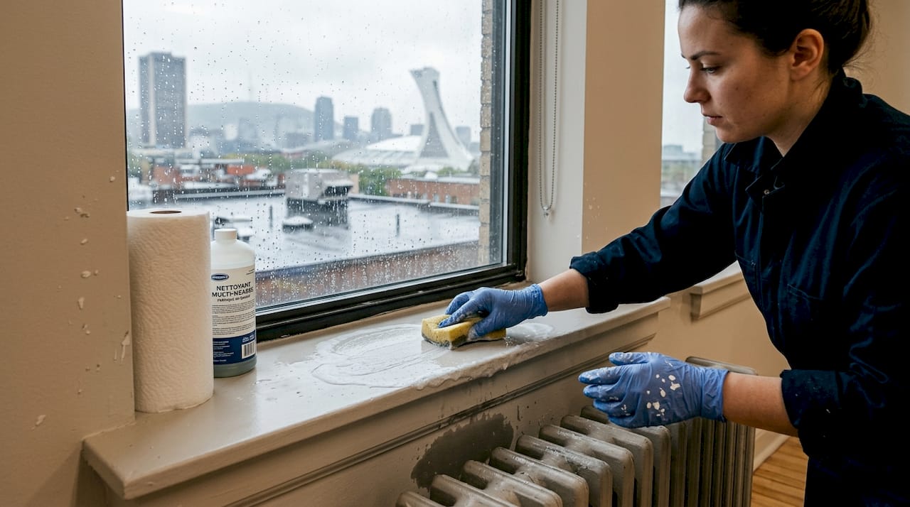 Un produit nettoyant enlève efficacement les traces de plâtre sur les vitres.