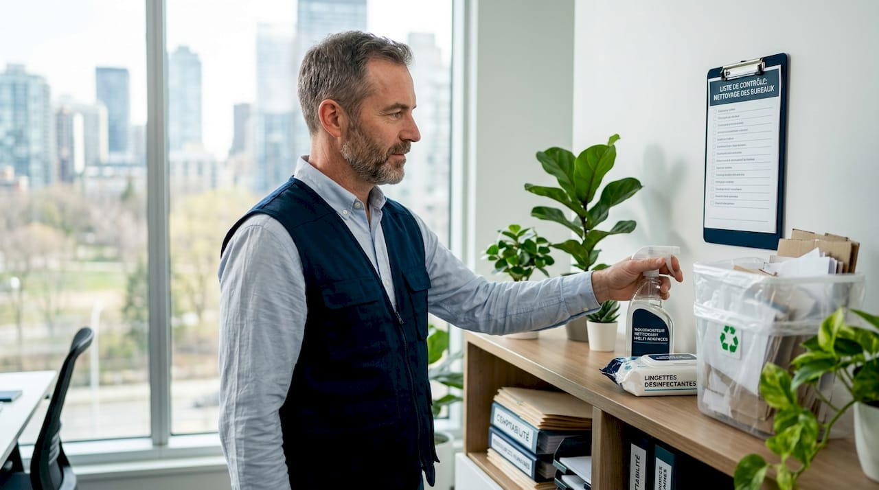 Un homme en train de ranger les produits d’entretien dans son bureau