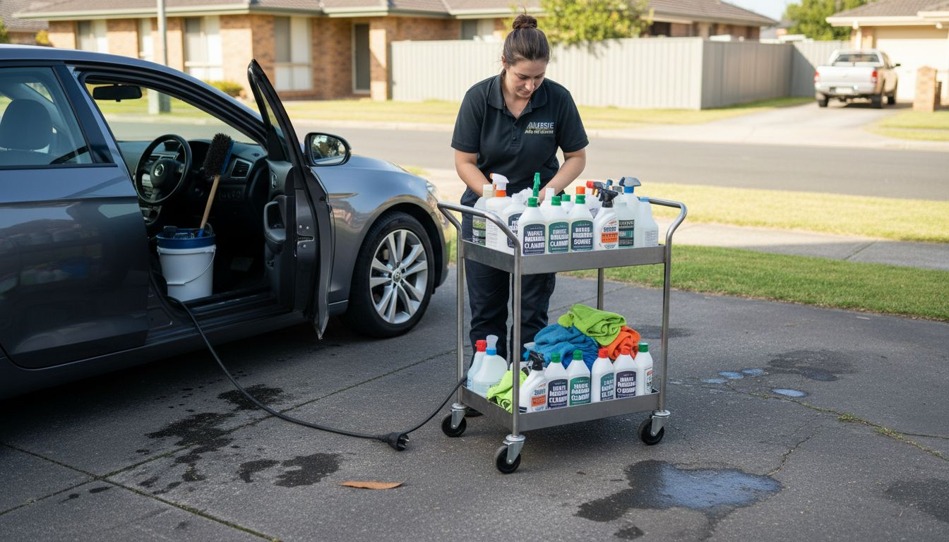 Technician prepares detailing cart next to sedan