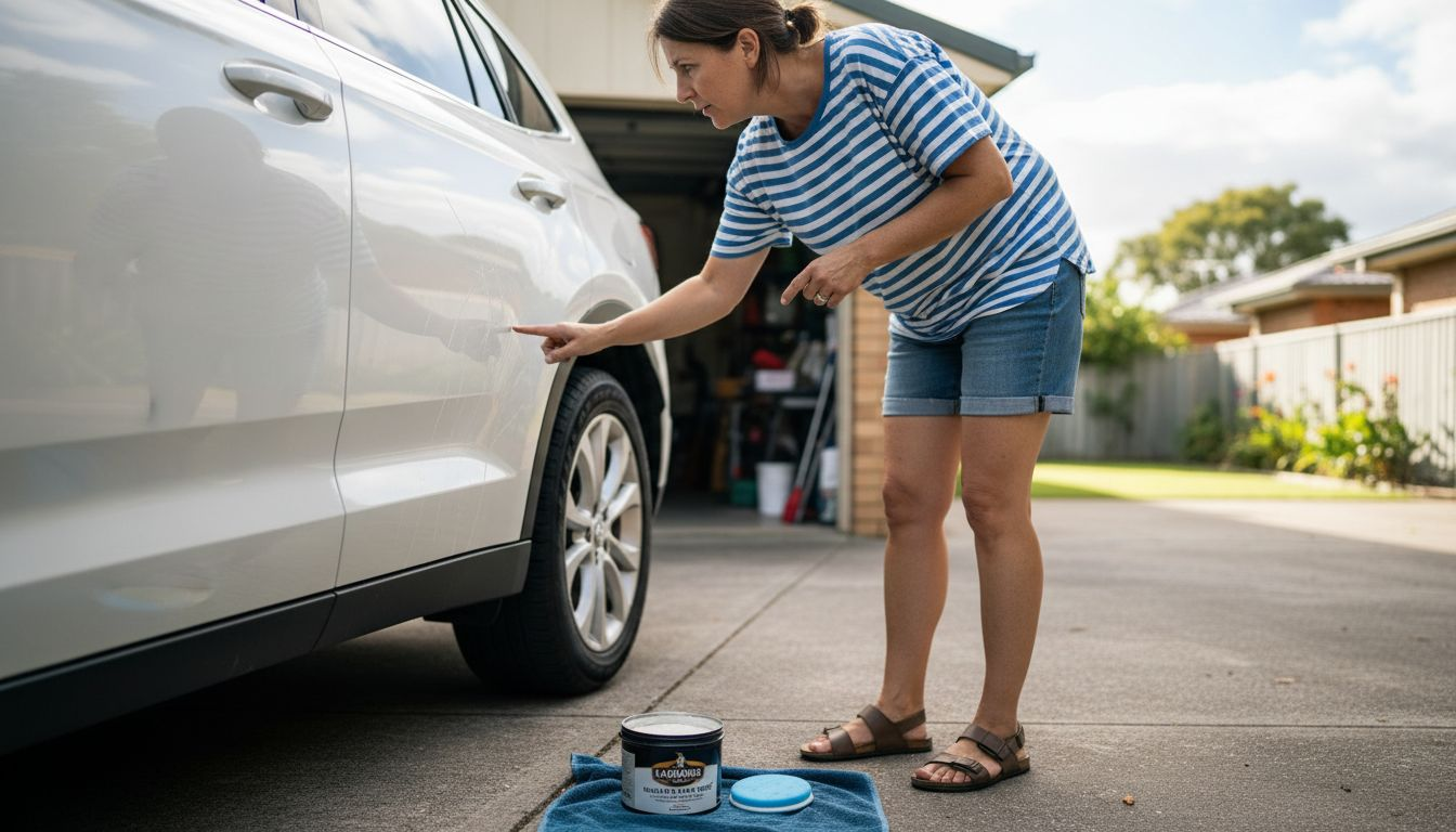 Woman inspecting SUV paint for scratches