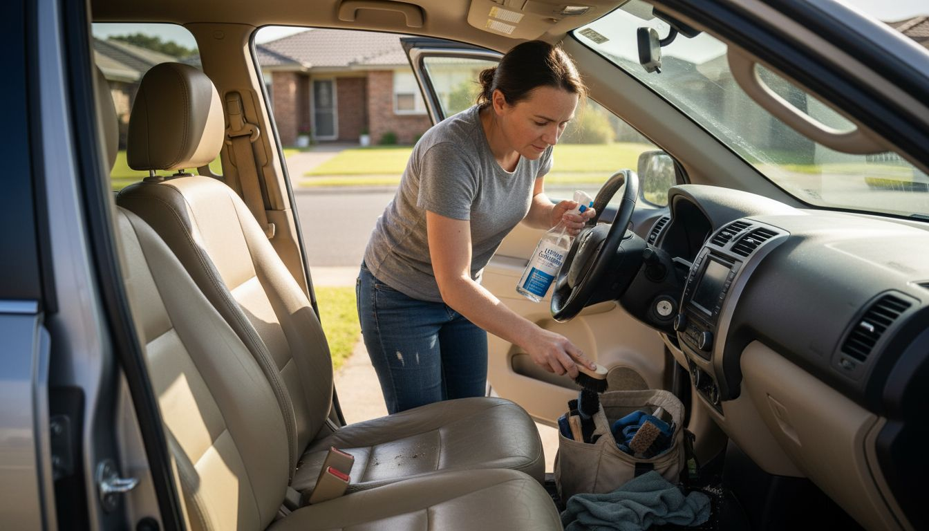 Woman deep cleaning car interior seats