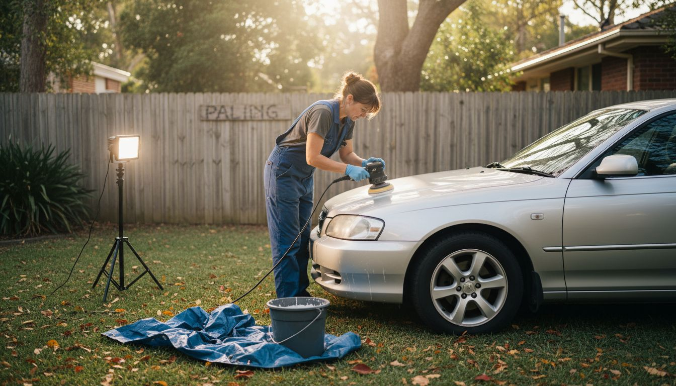 Paint correction detailing on silver sedan outdoors