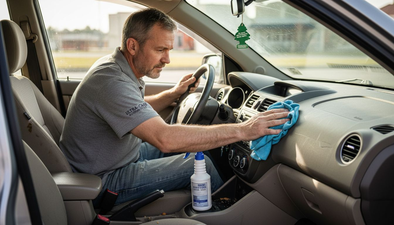 Technician cleaning car dashboard interior closeup