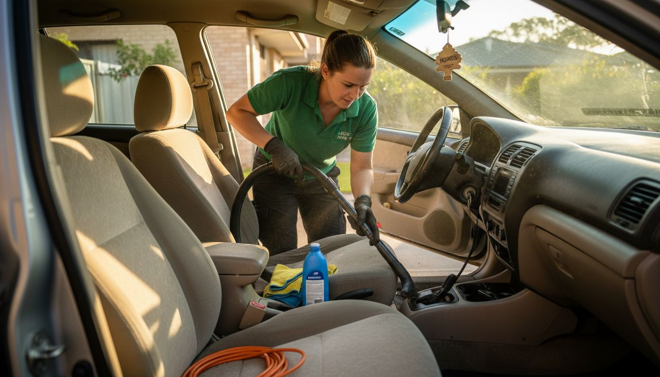 Detailer vacuuming car interior Sunshine Coast