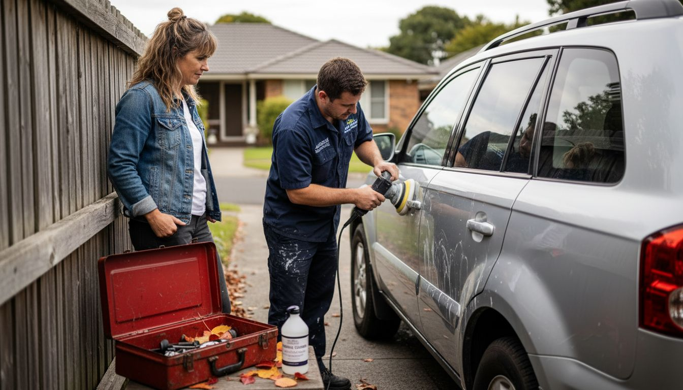 Car owner watching detailer polish car exterior