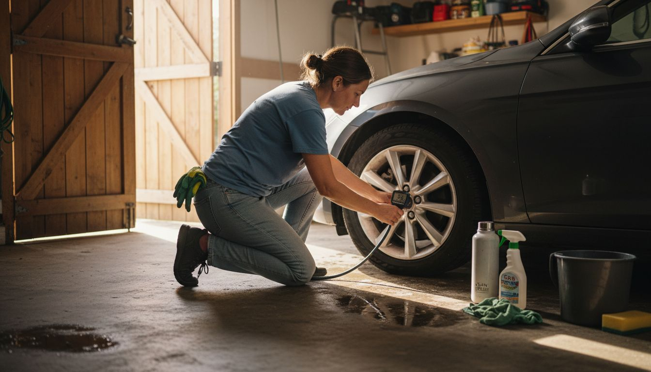 Woman checking tyre pressure beside sedan