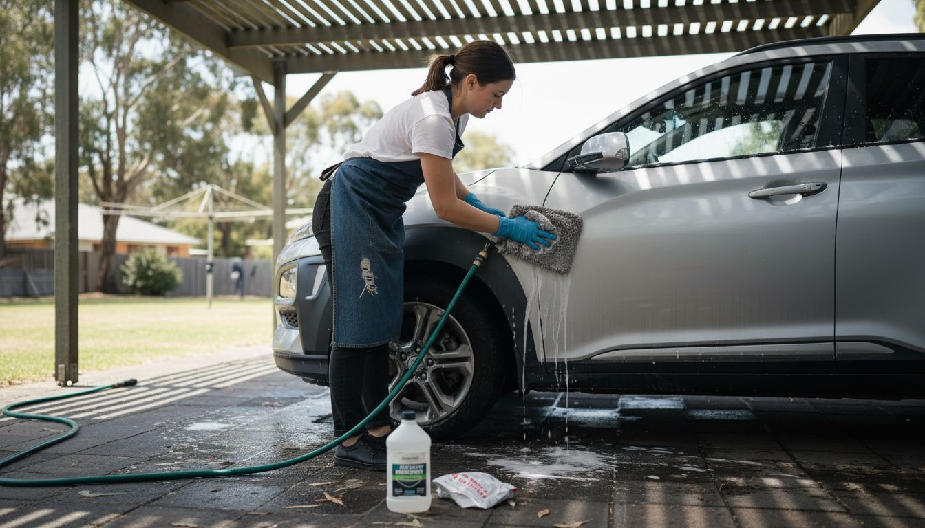 Woman detailing car in shaded backyard area