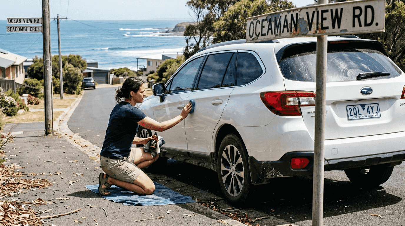 Applying ceramic coating near coastal street