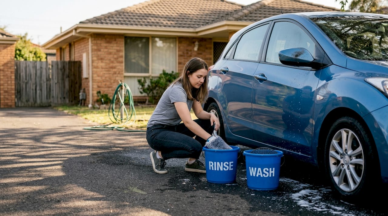 Woman uses two-bucket method on car