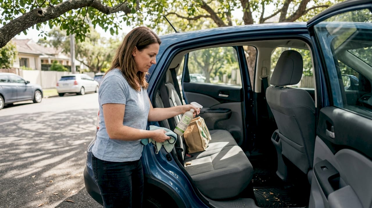 Owner uses plant-based cleaner on car seat