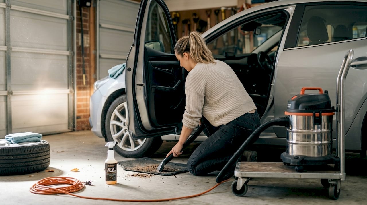Woman using vacuum in home car detailing workflow