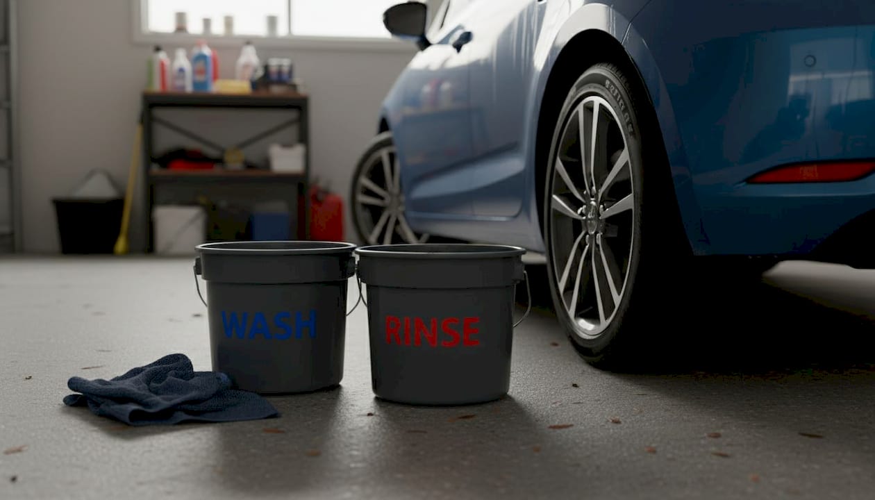 Car wash two-bucket setup in garage