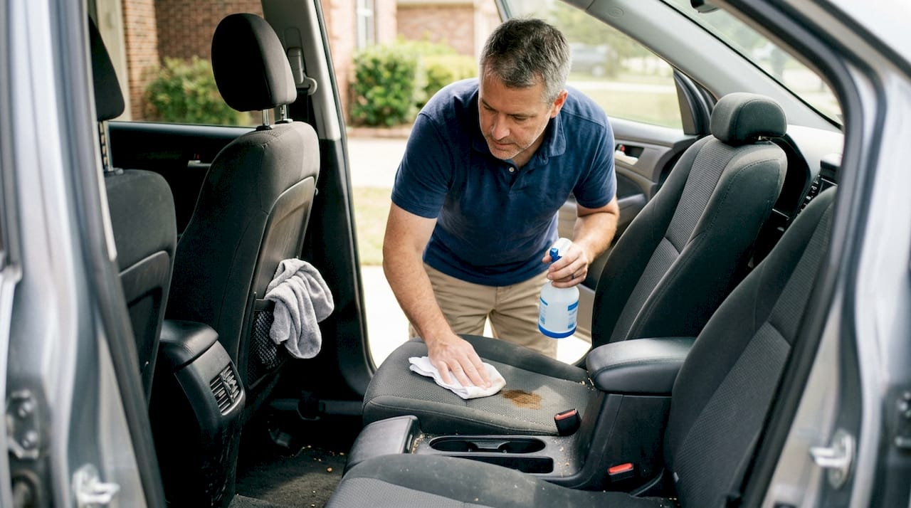 Man cleaning car seat stain closeup